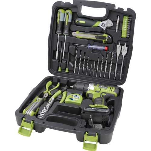 Extol akkus fúrócsavarozó, 12V, Li-ion, 1db 1300 mAh akku + 46 db szerszámkészlet