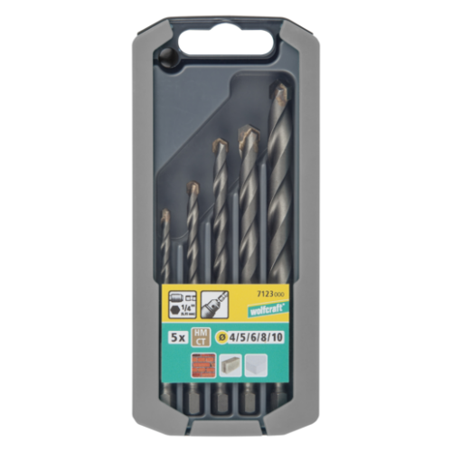 Kőfúró készlet 5 részes, HM, hatszögszárú, Ø 4,5,6,8,10 mm