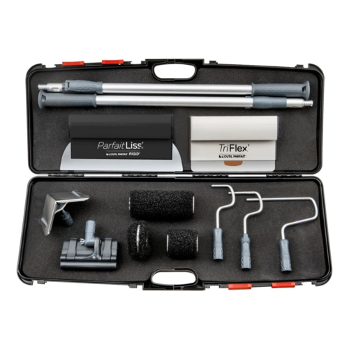 L'Outil Parfait Bandázsoló és kétkezes glett lehúzó szett (Triflex Q1 25 cm, Partfait Rigd 35 cm Q2, Gletthenger 80, 180 és sarok tartóval, 2 teleszkópos hosszabbító, adapter és egy sarok lehúzó fej)