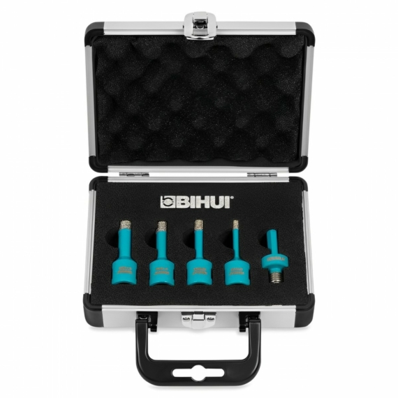 BIHUI Gyémántfúró készlet sarokcsiszolóhoz,5 részes, (6-8-10-12 mm + adapter fúrógéphez)