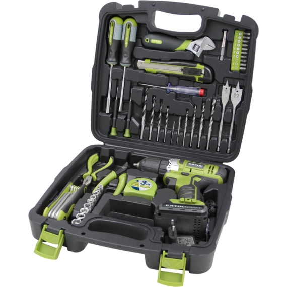Extol akkus fúrócsavarozó, 12V, Li-ion, 1db 1300 mAh akku + 46 db szerszámkészlet