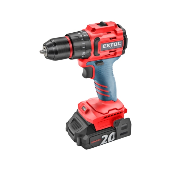 Extol akkus ütvefúró- és csavarozó, Share20V, 20V, Li-ion, 50Nm, 1db akku, 1db töltő, 2000 mAh, 50Nm