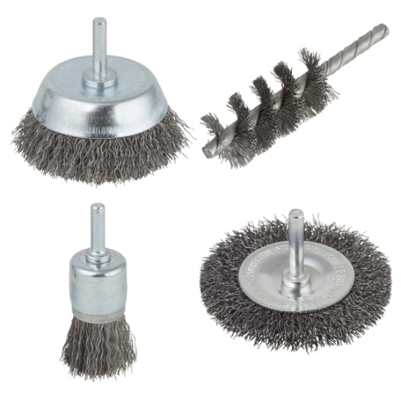 Drótkefe készlet 4 részes, acélszálas, S=6mm standard-, korong-, ecset-, spirálkefe