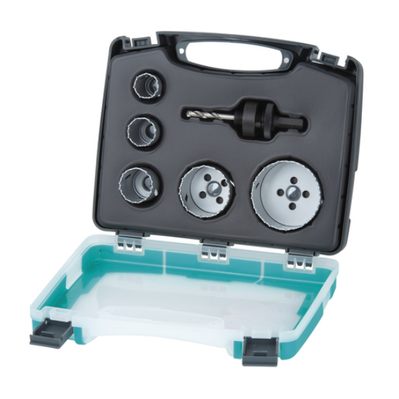 Lyukfűrészkészlet elektro- és szaniterinstallációhoz BiM Ø25,29,35,51,68mm + 2db hatszögszárú adapter
