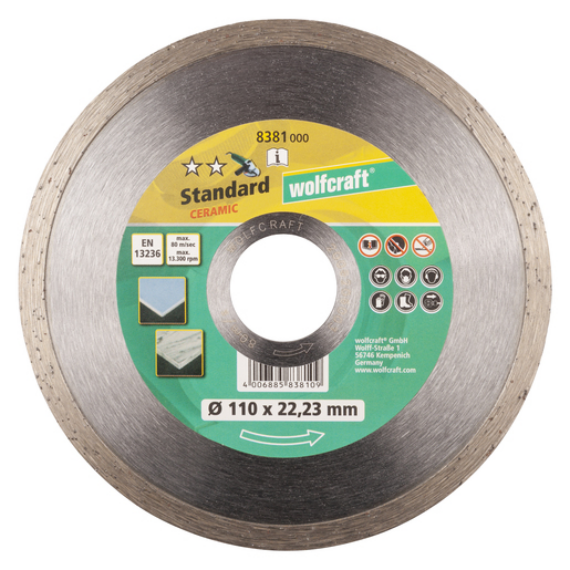 Gyémánt vágótárcsa Standard-Ceramic, folyamatos él, Ø110x22.2mm, sarokcsiszolóhoz