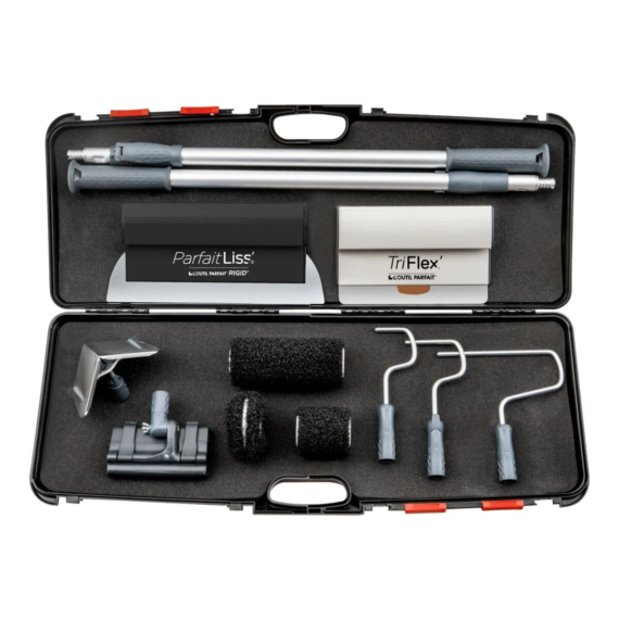 L'Outil Parfait Bandázsoló és kétkezes glett lehúzó szett (Triflex Q1 25 cm, Partfait Rigd 35 cm Q2, Gletthenger 80, 180 és sarok tartóval, 2 teleszkópos hosszabbító, adapter és egy sarok lehúzó fej)