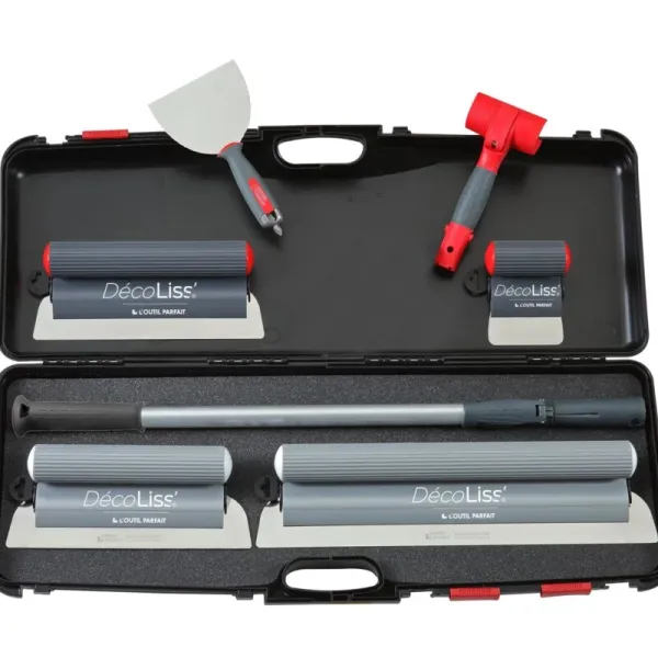 L'Outil Parfait Q1-Q4 kétkezes glett lehúzó szett (kitöltő penge 10 és 30 cm, simtó penge 30 és 50 cm, 10 cm gipszakartonos spakli, adapter és 2x70 cm teleszkópos hosszabbító)